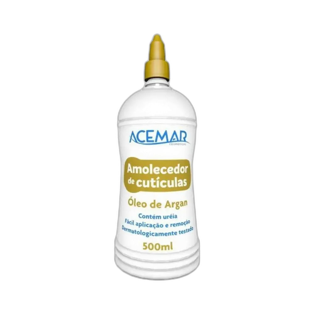 Frasco branco com tampa amarela do Amolecedor de Cutículas Acemar Óleo de Argan 500ml